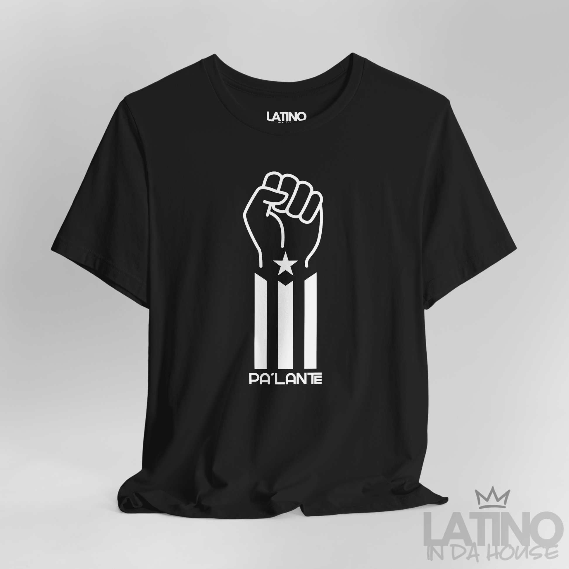 Close-up of Pa’lante fist design with star and vertical flag stripe. Latino In Da House 