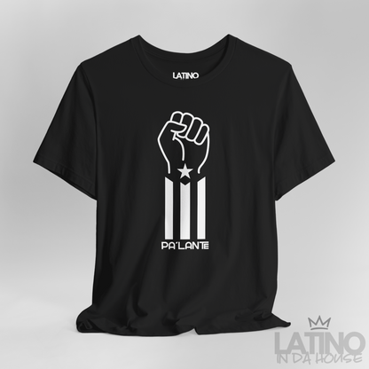 Close-up of Pa’lante fist design with star and vertical flag stripe. Latino In Da House 