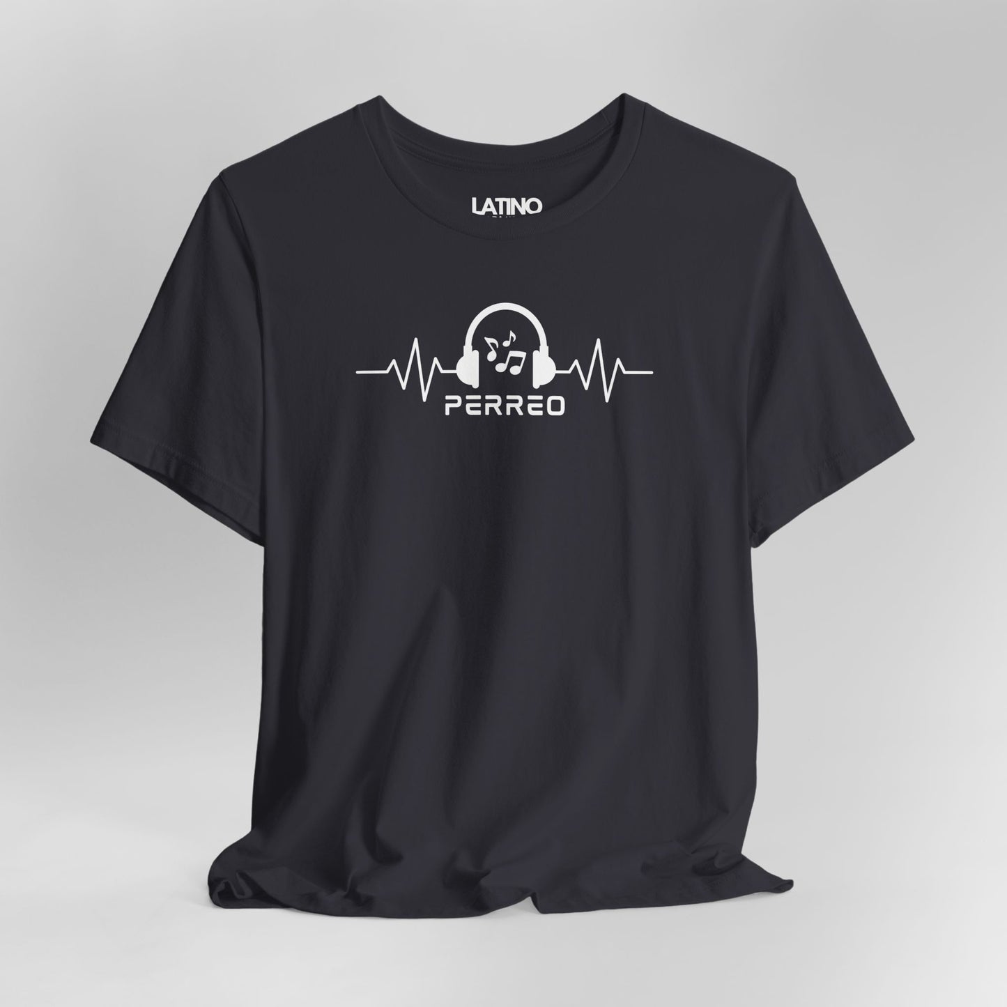 Close Up Dark Grey Perreo T-shirt with
headphone and heartbeat design, Latino reggaeton lifestyle tee. Latino In Da House