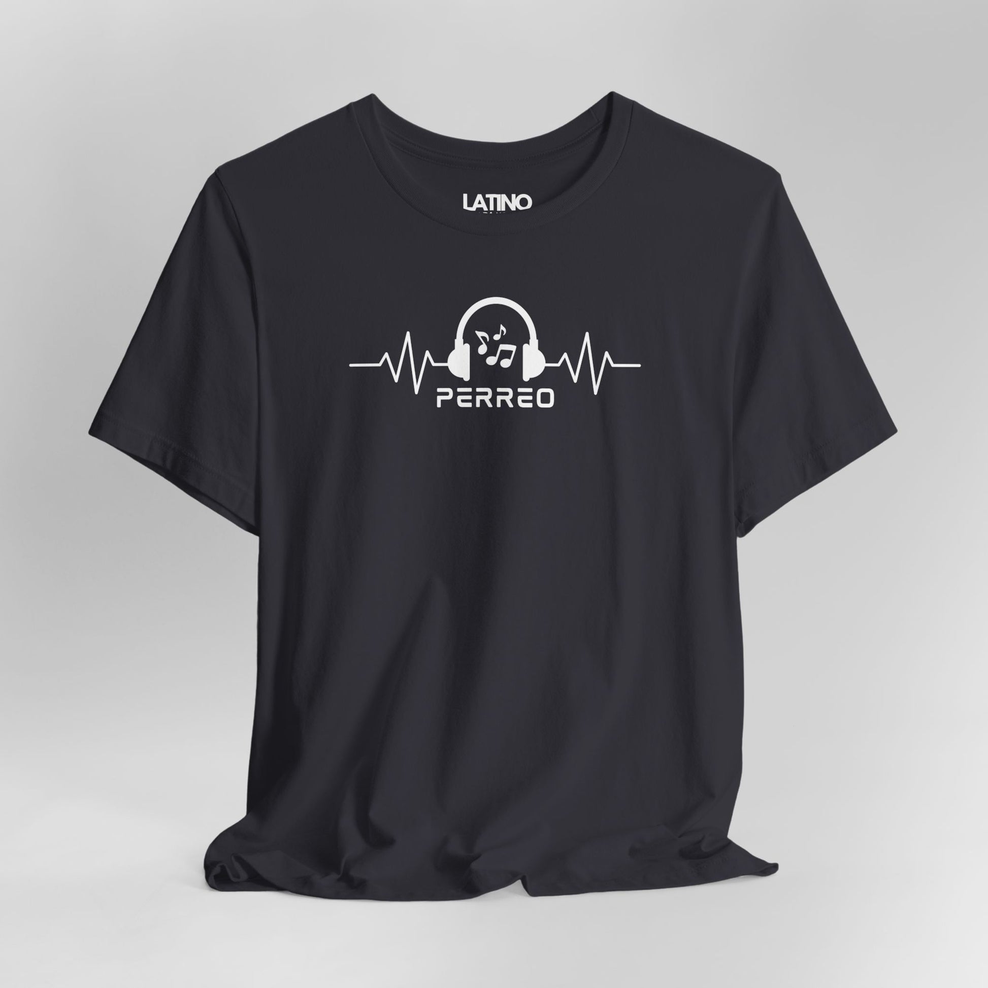 Close Up Dark Grey Perreo T-shirt with
headphone and heartbeat design, Latino reggaeton lifestyle tee. Latino In Da House