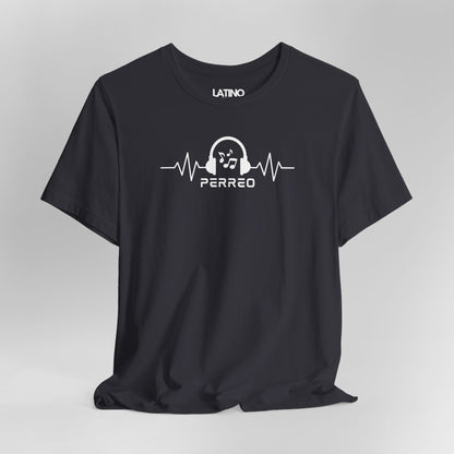 Close Up Dark Grey Perreo T-shirt with
headphone and heartbeat design, Latino reggaeton lifestyle tee. Latino In Da House