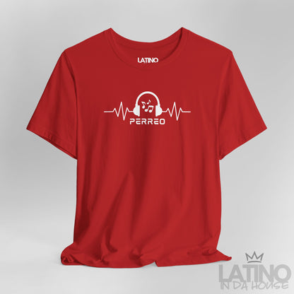 Close Up Red Perreo T-shirt with white headphone and heartbeat line design, Latino dancewear style. Latino In Da House