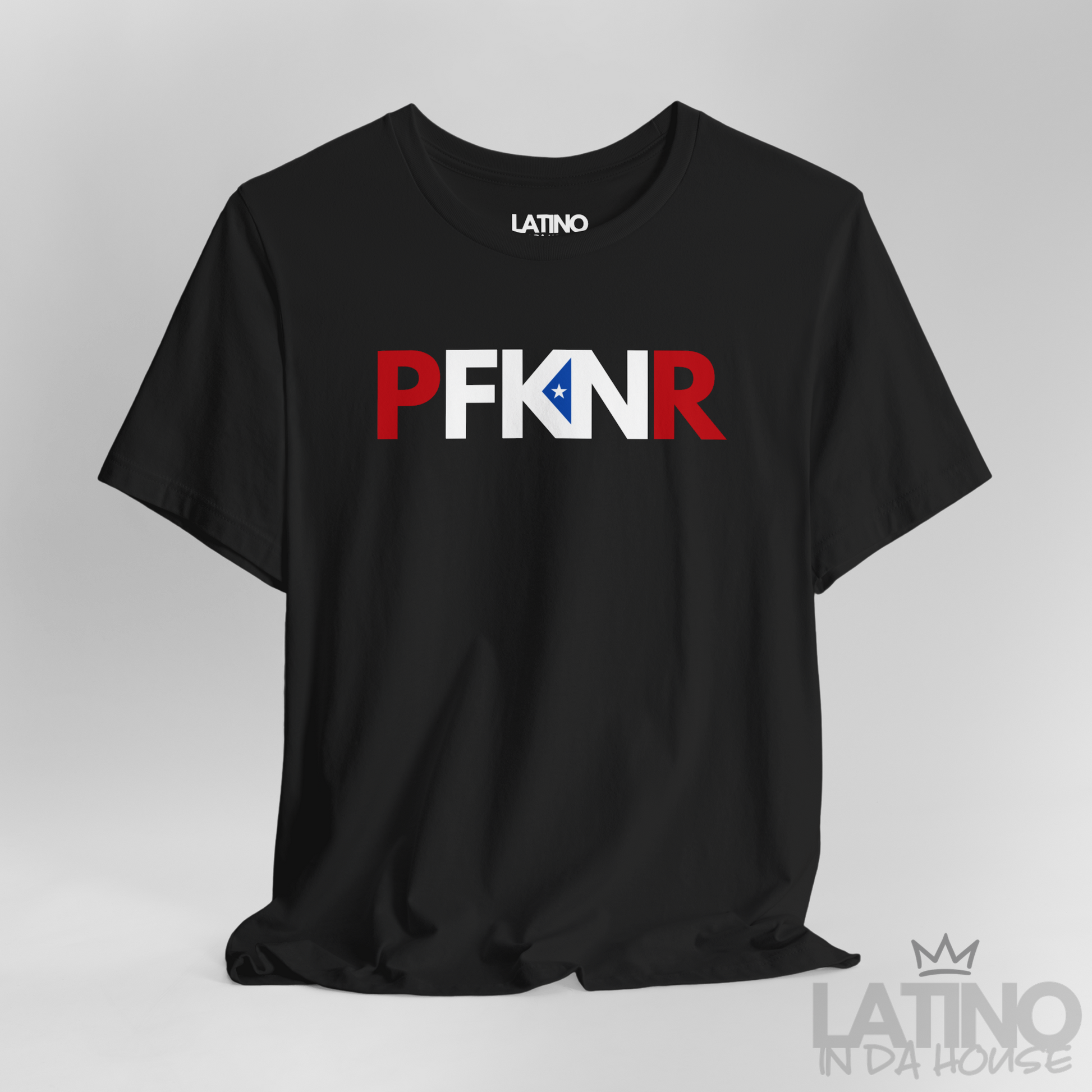Close-up of PFKNR design showing the Puerto Rican triangle and star inside the K. Latino In Da House