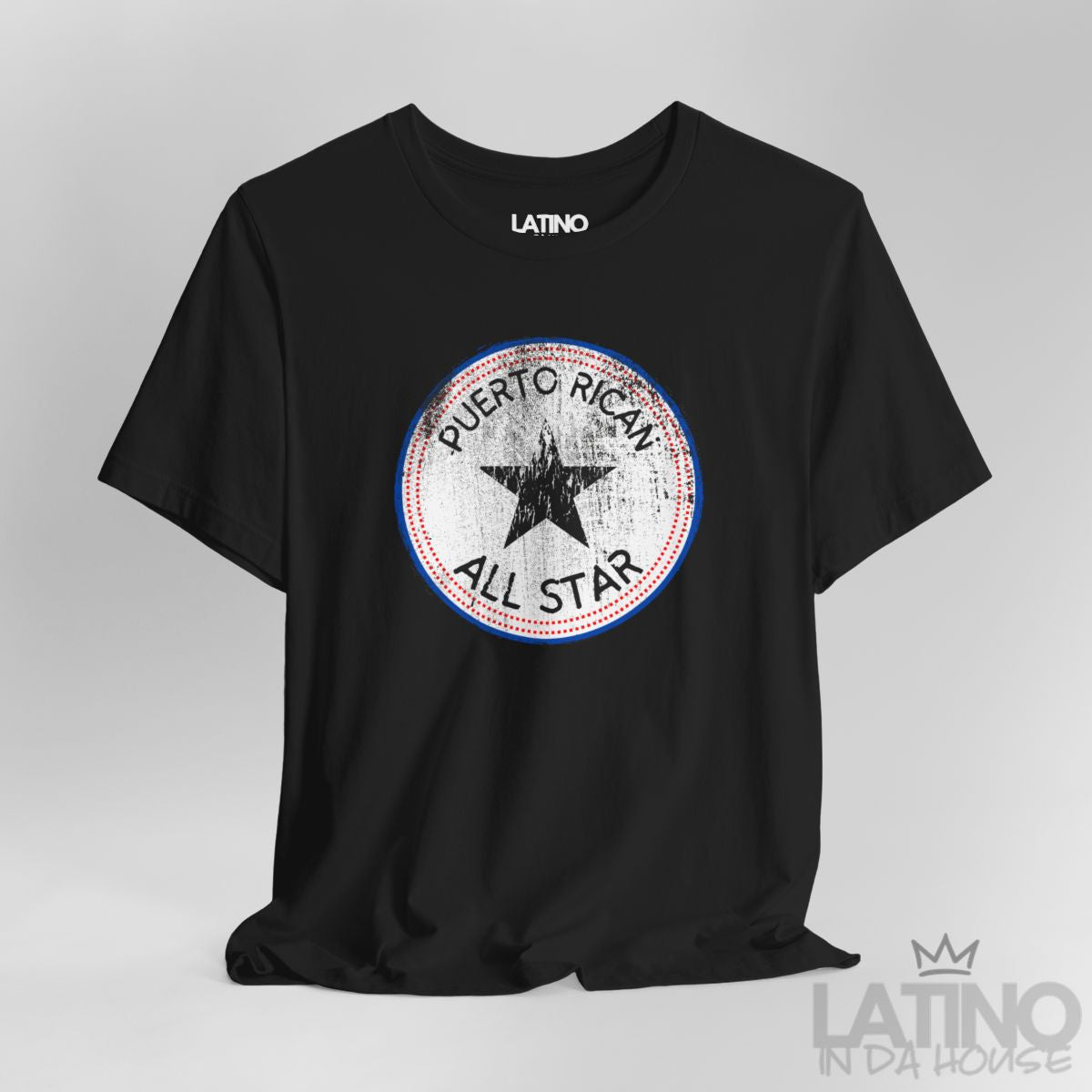 Close Up Black ‘Puerto Rican All Star’ T-shirt with distressed round star emblem in red, white, and blue by Latino In Da House.