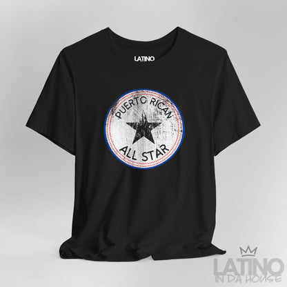 Close Up Black ‘Puerto Rican All Star’ T-shirt with distressed round star emblem in red, white, and blue by Latino In Da House.