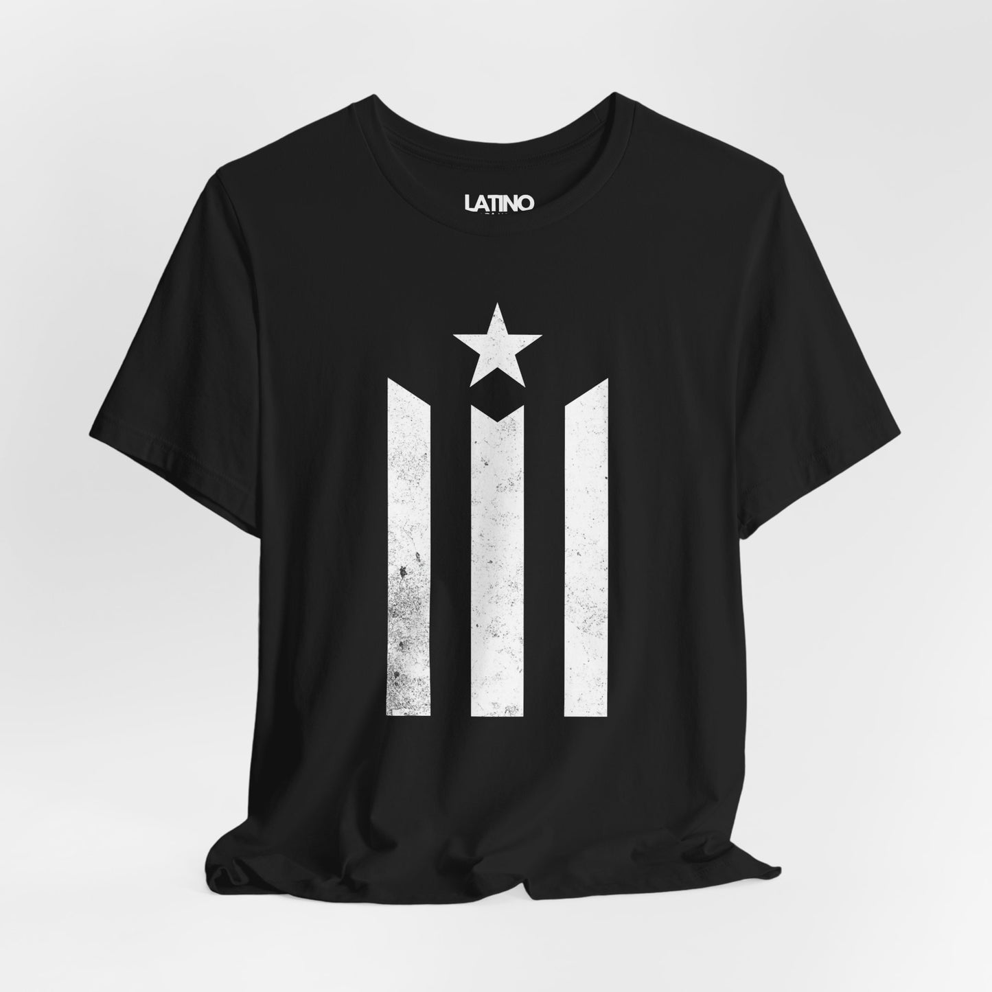 Close-up of distressed Puerto Rican stripes and star on black tee. Latino In Da
House