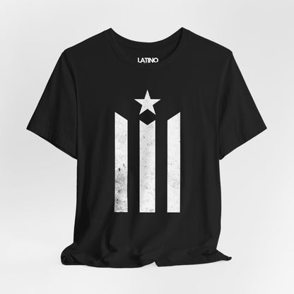 Close-up of distressed Puerto Rican stripes and star on black tee. Latino In Da
House