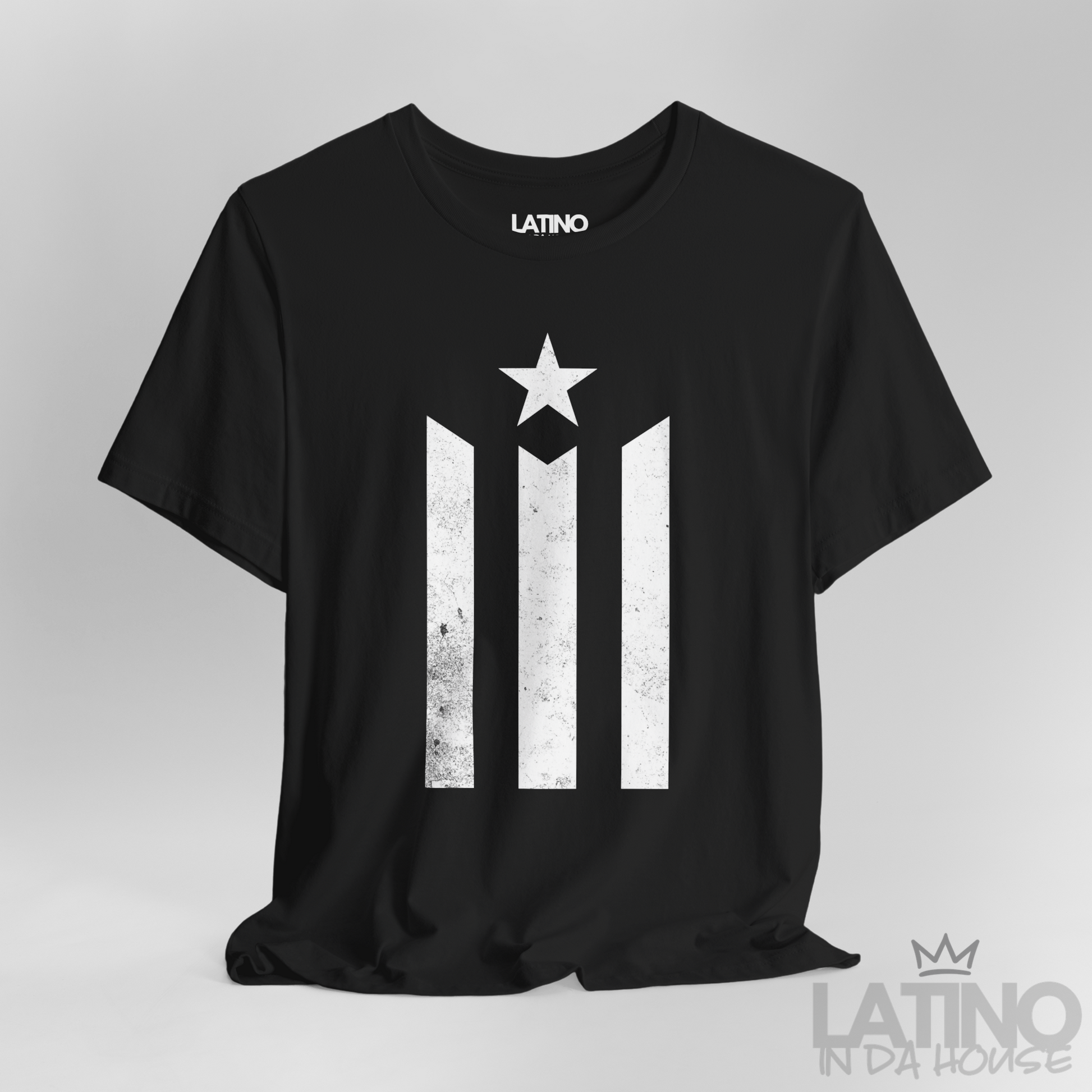 Close-up of distressed Puerto Rican stripes and star on black tee. Latino In Da House
