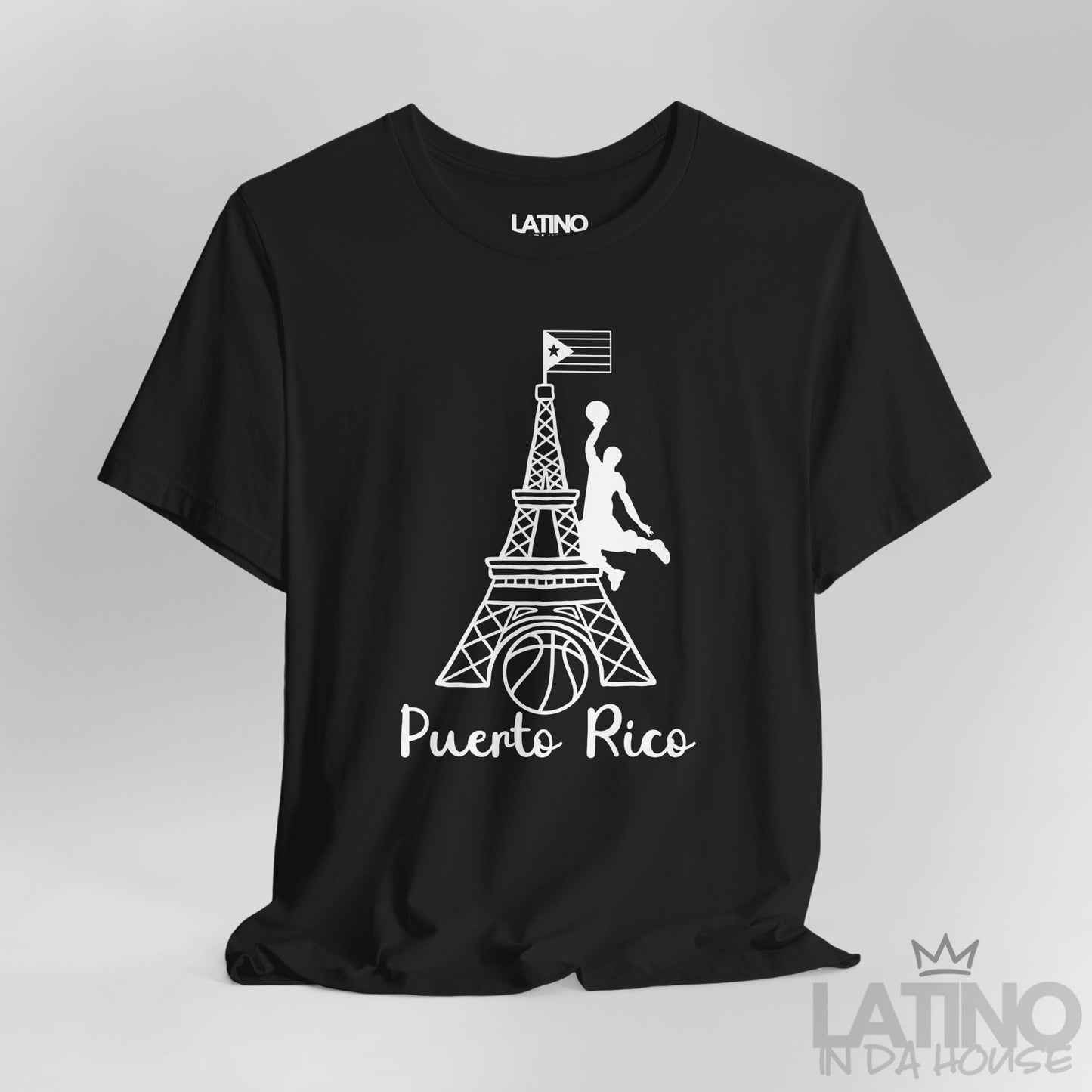 Close Up Black T-shirt with white Eiffel Tower basketball graphic, dunking player, and Puerto Rican flag by Latino In Da House.