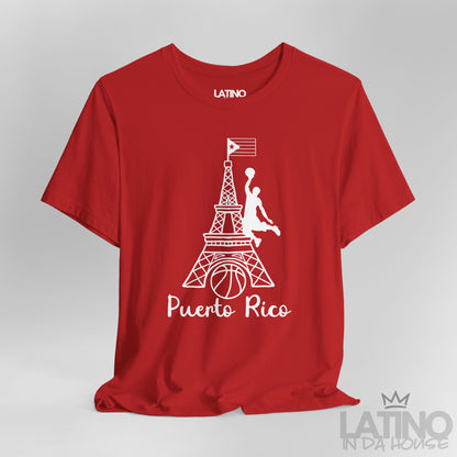 Close Up Red T-shirt with white Eiffel Tower, basketball player silhouette, basketball graphic, and Puerto Rican flag by Latino In Da House.
