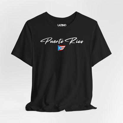 Close Up Black T-shirt with white Puerto Rico script lettering and small Puerto
Rican flag graphic by Latino In Da House.