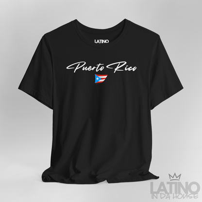 Close Up Black T-shirt with white Puerto Rico script lettering and small Puerto Rican flag graphic by Latino In Da House.