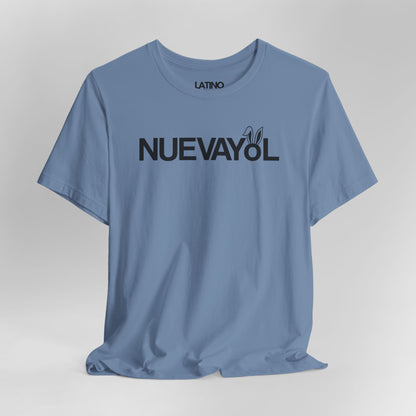 Close Up Latino NUEVAYoL T-Shirt in Steel Blue with bunny ears. Latino In Da House