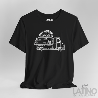 Close Up Taco Truck T-Shirt in black featuring white taco truck line art and “Nachos y Guac” — fun Latino foodie streetwear tee. Latino In Da House 