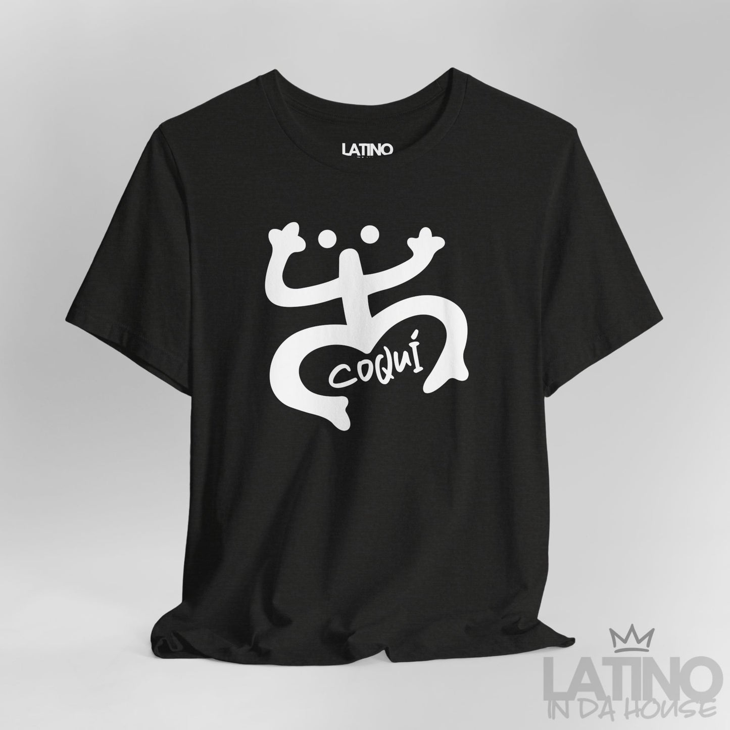 Close Up Black Heather T-shirt with white Taíno Coquí symbol and Coquí handwritten text by Latino In Da House.