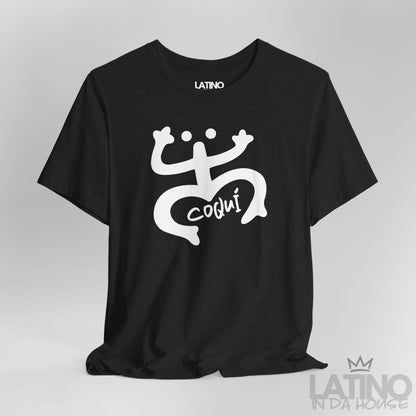 Close Up Black Heather T-shirt with white Taíno Coquí symbol and Coquí handwritten text by Latino In Da House.