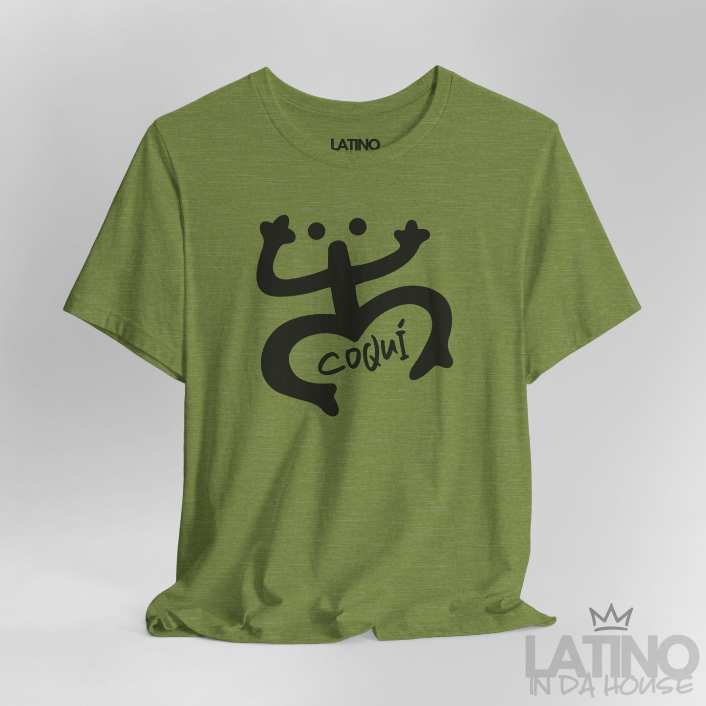 Close Up Green Heather T-shirt with white Taíno Coquí symbol and Coquí handwritten text by Latino In Da House.