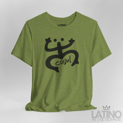 Close Up Green Heather T-shirt with white Taíno Coquí symbol and Coquí handwritten text by Latino In Da House.
