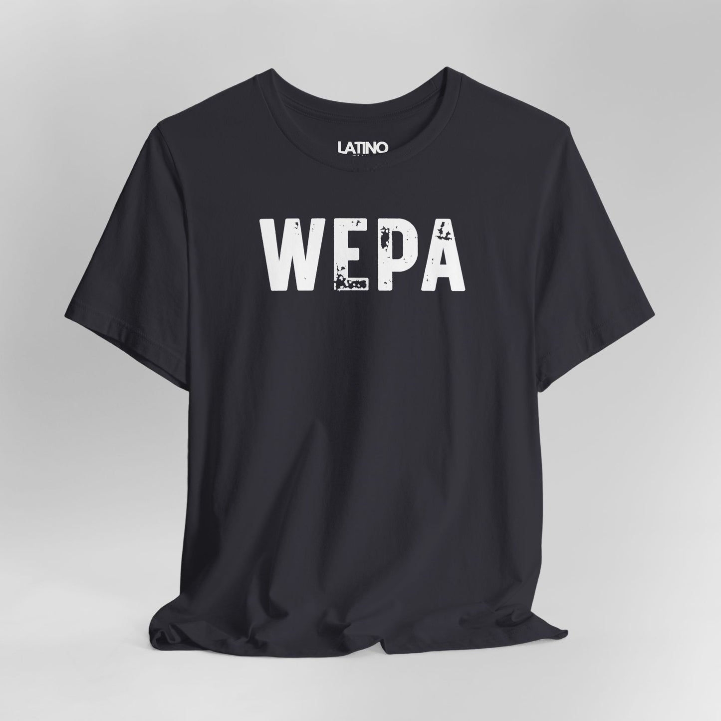 Close Up Dark Grey "WEPA" Latino t-shirt with bold white text on clean background
- Latino streetwear tee. Latino In Da House