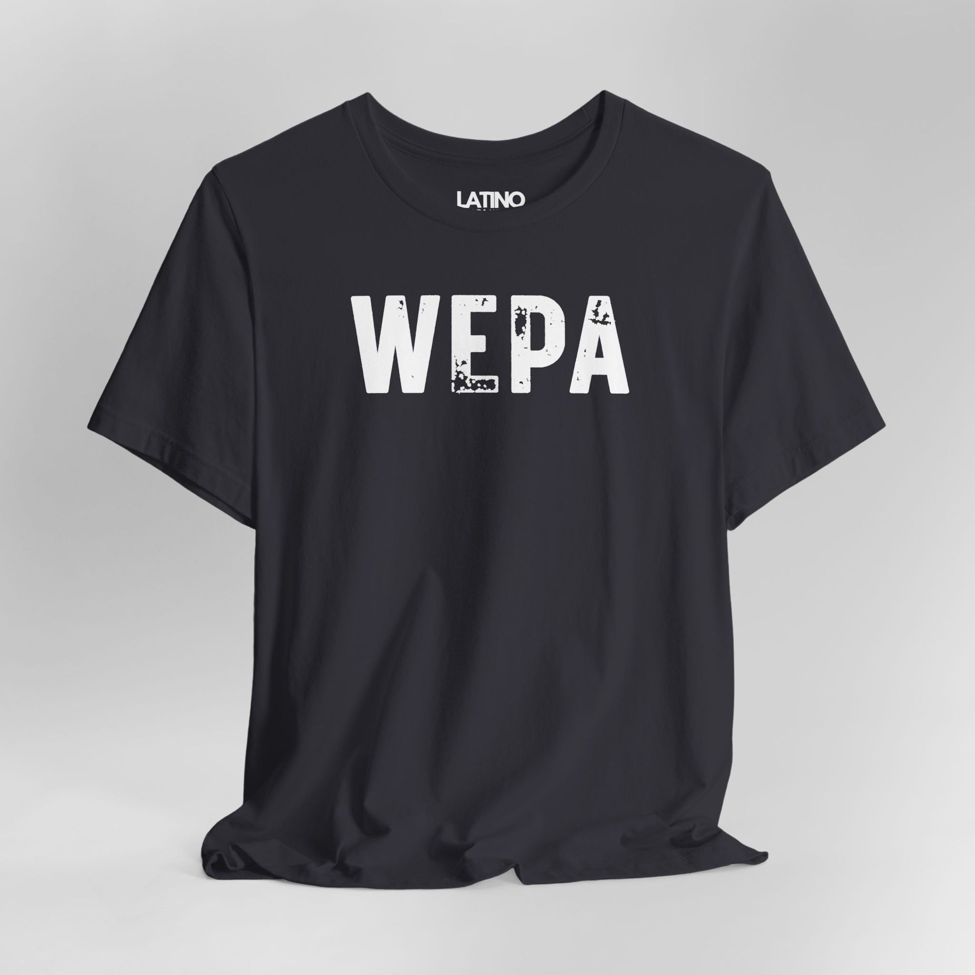 Close Up Dark Grey "WEPA" Latino t-shirt with bold white text on clean background
- Latino streetwear tee. Latino In Da House