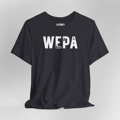Close Up Dark Grey "WEPA" Latino t-shirt with bold white text on clean background
- Latino streetwear tee. Latino In Da House
