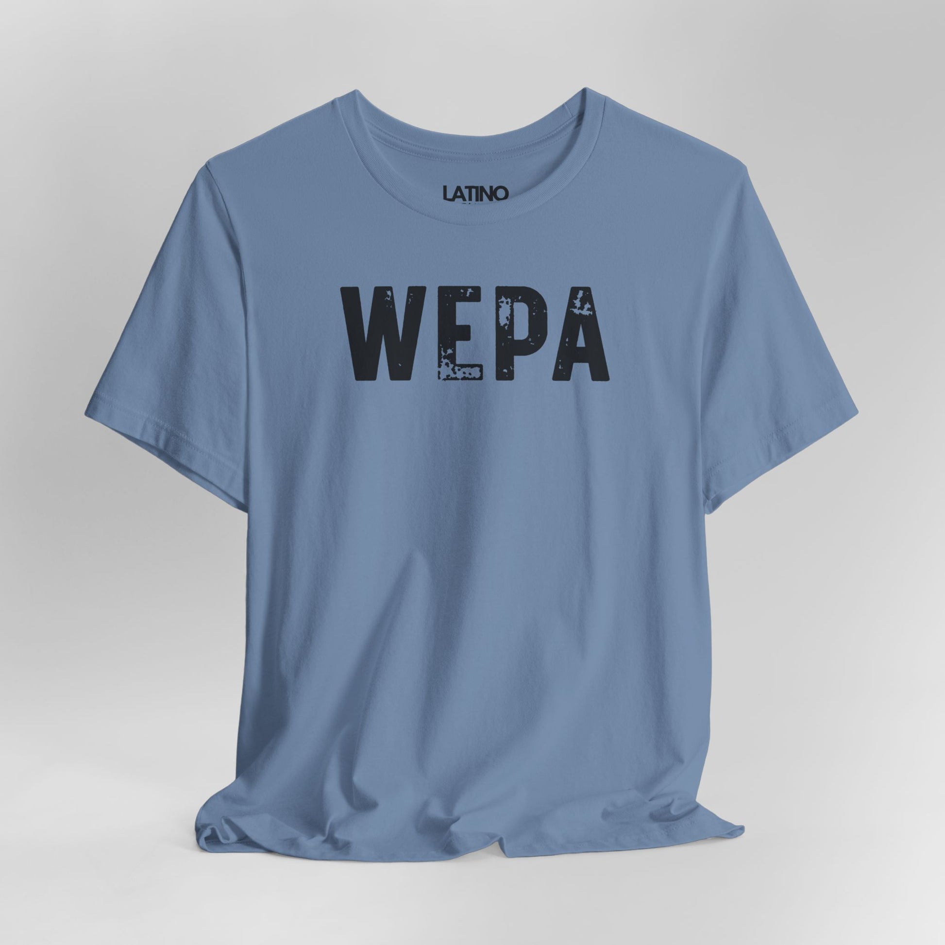Close Up Steel Blue "WEPA" Latino t-shirt with bold white text on clean background
- Latino streetwear tee. Latino In Da House