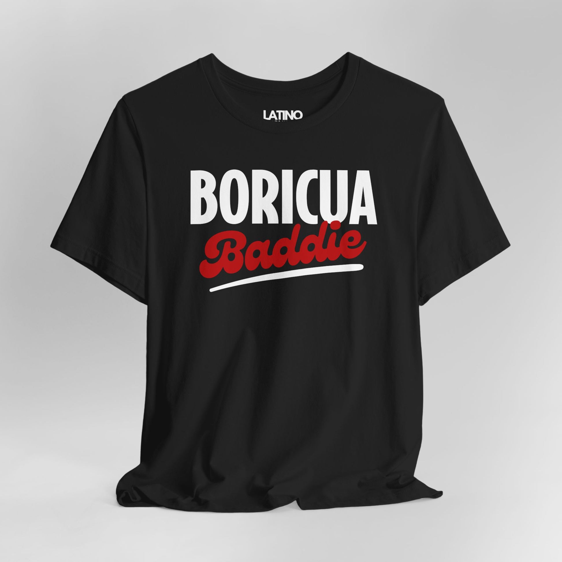 Close Up BORICUA BADDIE black t-shirt paired with a playful Baddie script for the perfect mix of fierce and cute. Latino In Da House