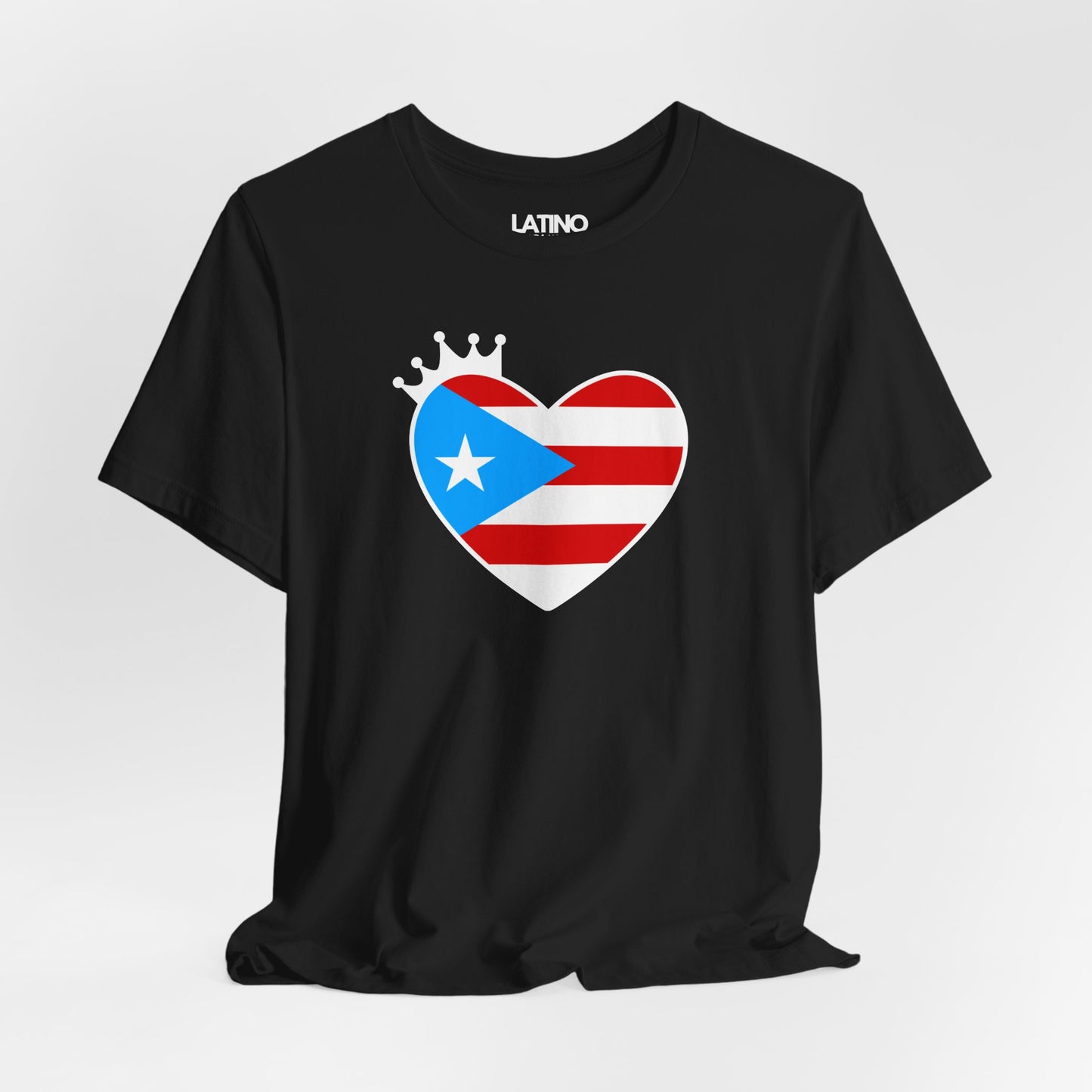 Close Up Boricua Heart Crown Black T-Shirt. Featuring the Puerto Rico flag inside a sweet heart with a little reina crown. Latino In Da House