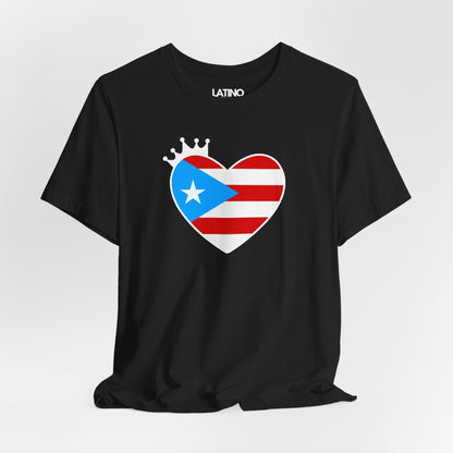 Close Up Boricua Heart Crown Black T-Shirt. Featuring the Puerto Rico flag inside a sweet heart with a little reina crown. Latino In Da House