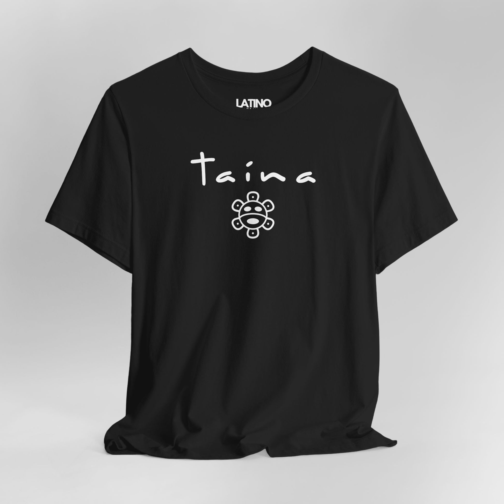 Close up TAÍNA black t-shirt a minimalist, feminine design featuring the iconic Taíno sun symbol. Latino In Da House