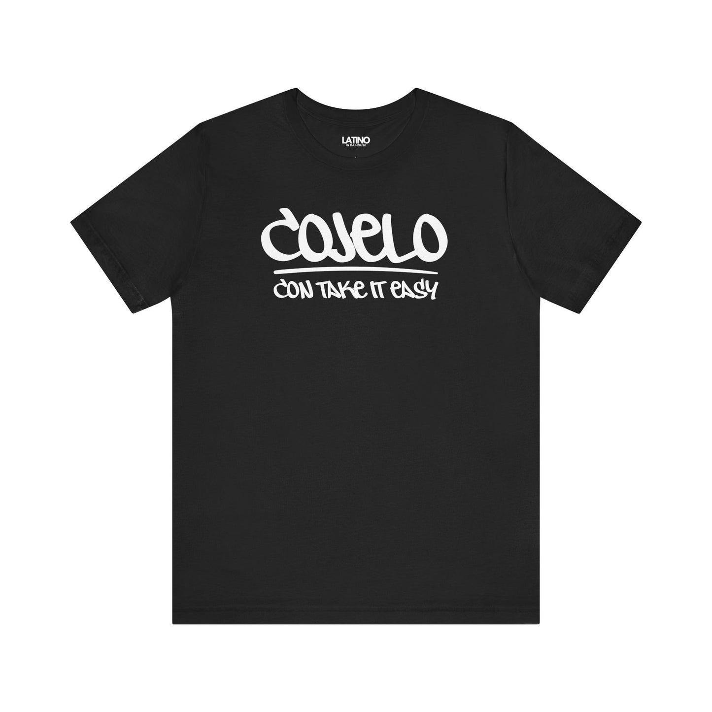 Cojelo Con Take It Easy t-shirt in black with white graffiti lettering. Latino In Da House