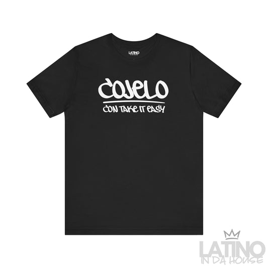 Cojelo Con Take It Easy t-shirt in black with white graffiti lettering. Latino In Da House