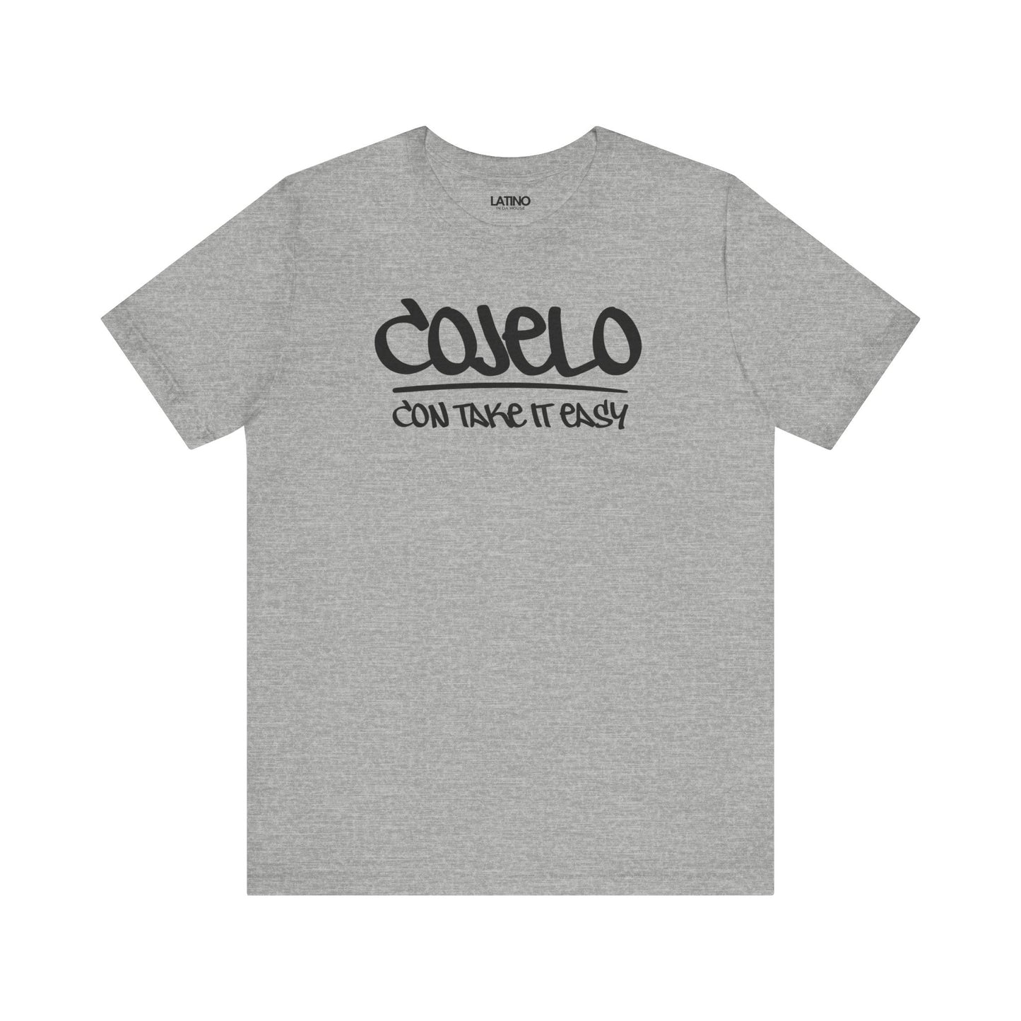 Cojelo Con Take It Easy t-shirt in heather grey with black graffiti lettering. Latino In Da House