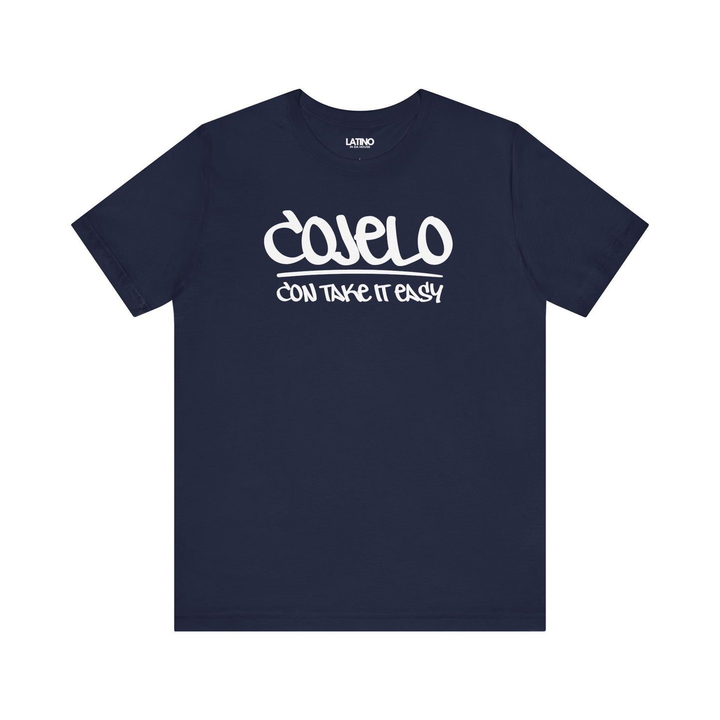 Cojelo Con Take It Easy t-shirt in navy blue with white graffiti lettering. Latino In Da House