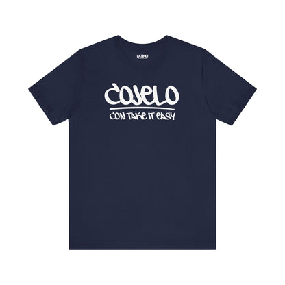 Cojelo Con Take It Easy t-shirt in navy blue with white graffiti lettering. Latino In Da House