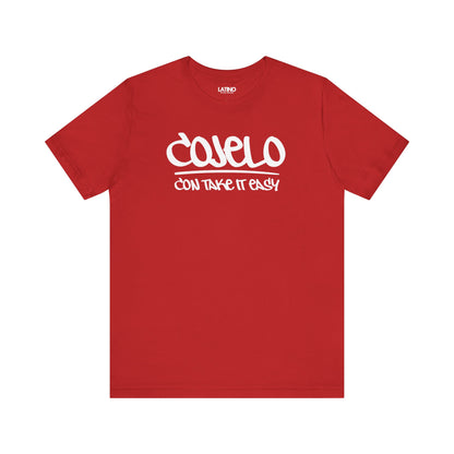 Cojelo Con Take It Easy t-shirt in red with white graffiti lettering. Latino In Da House
