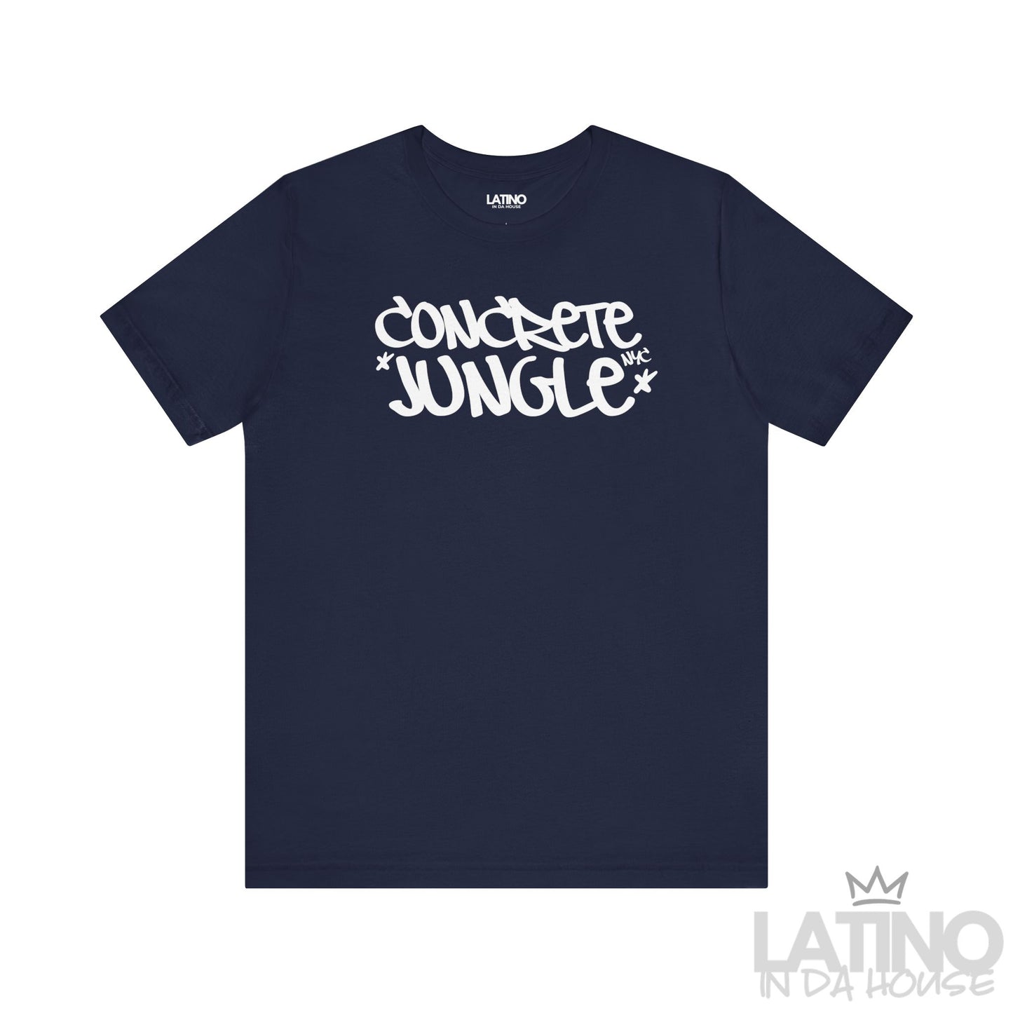 Concrete Jungle NYC t-shirt in navy with white graffiti lettering. Latino In Da House 