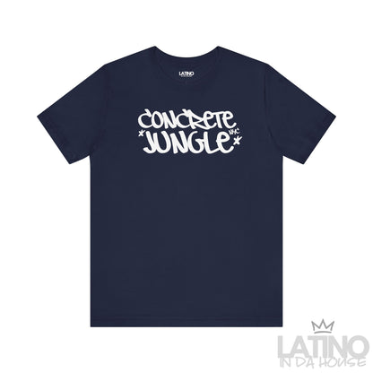 Concrete Jungle NYC t-shirt in navy with white graffiti lettering. Latino In Da House 