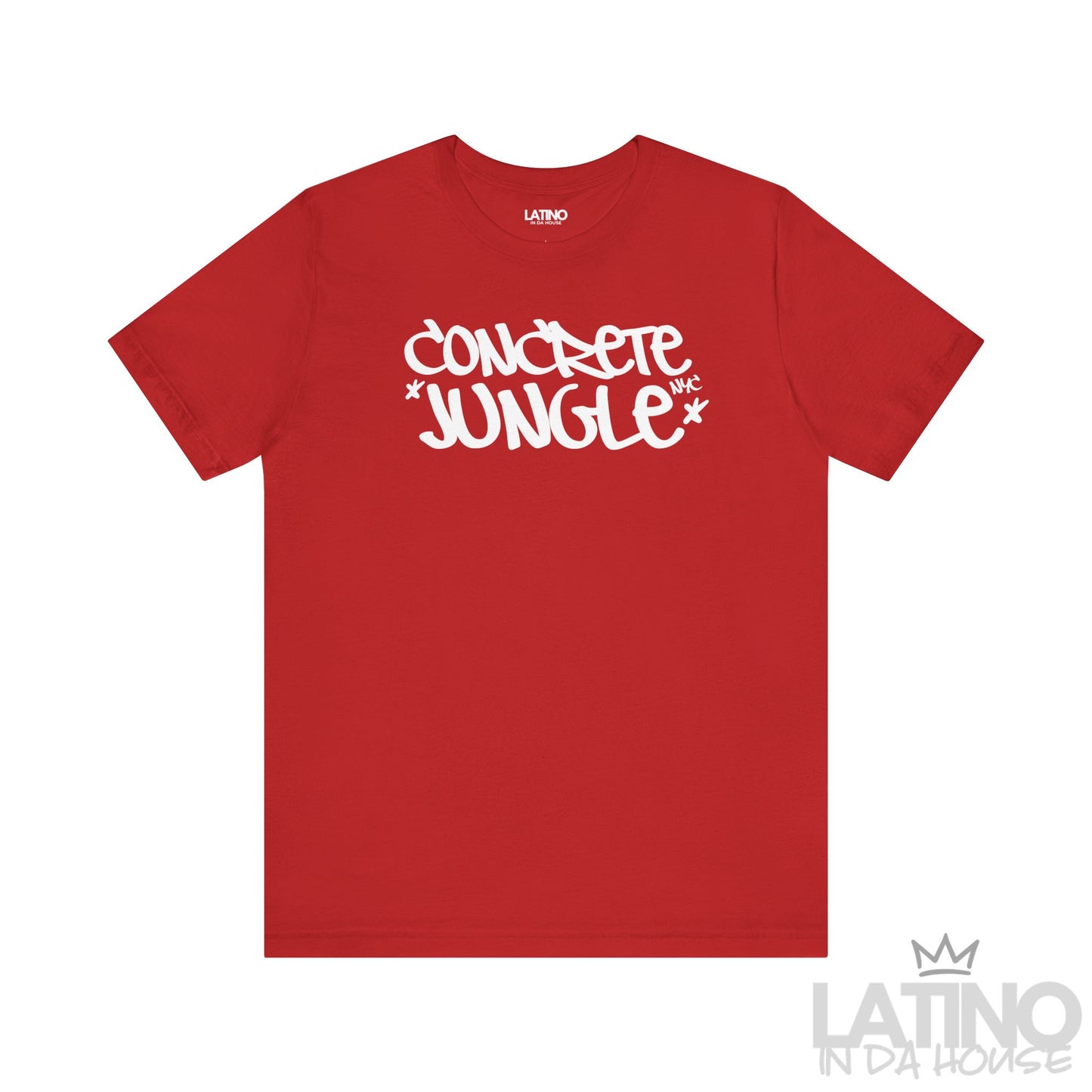 Concrete Jungle NYC t-shirt in red with white street-art text. Latino In Da House