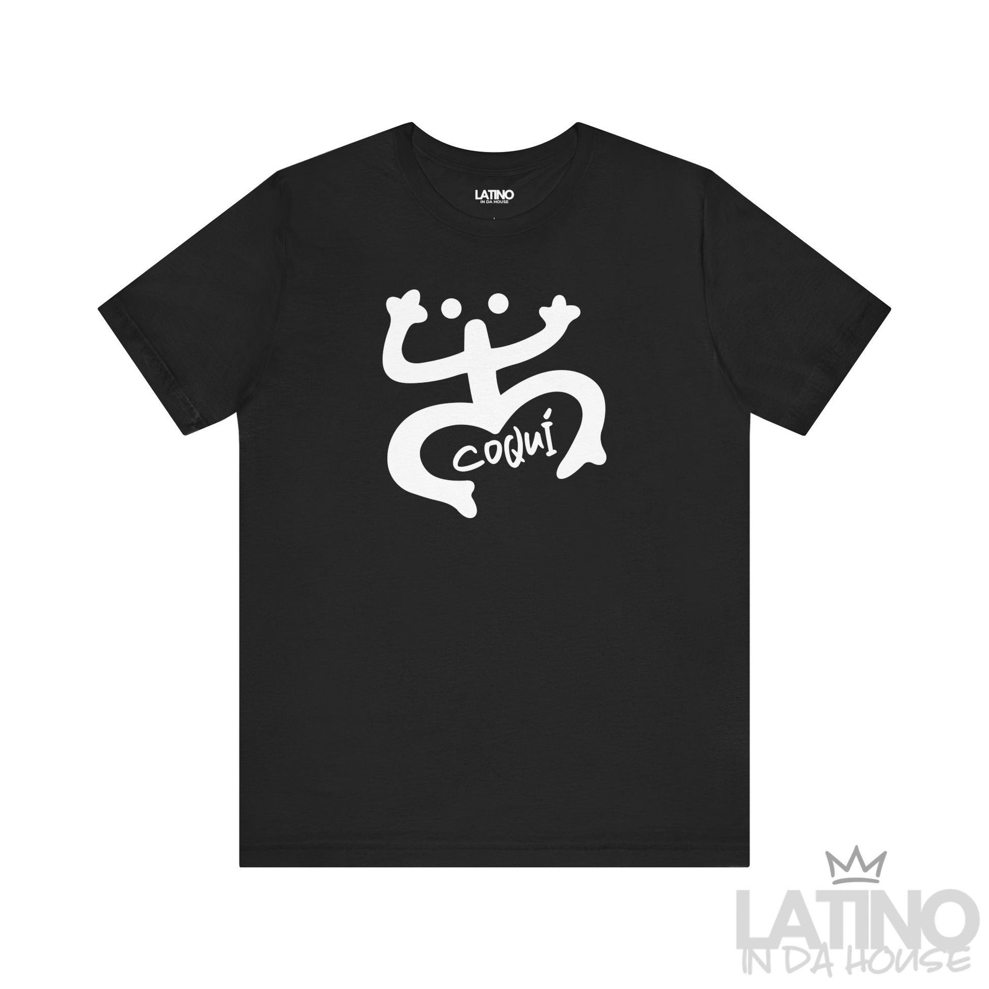 Black Coquí Taíno T-shirt with large white tribal Coquí graphic and handwritten Coquí text by Latino In Da House.