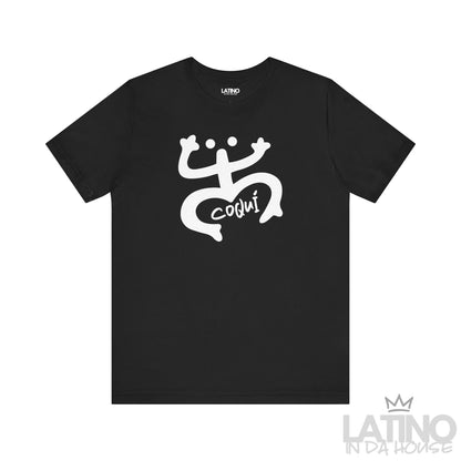 Black Coquí Taíno T-shirt with large white tribal Coquí graphic and handwritten Coquí text by Latino In Da House.