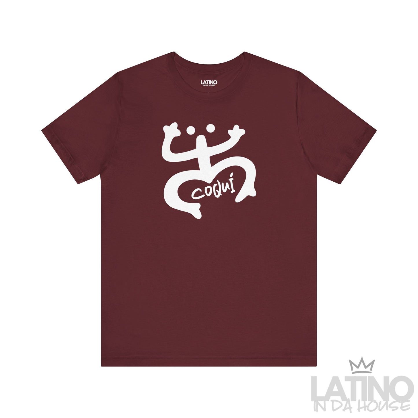 Maroon Coquí Taíno symbol T-shirt with large white tribal-style Coquí design by Latino In Da House.