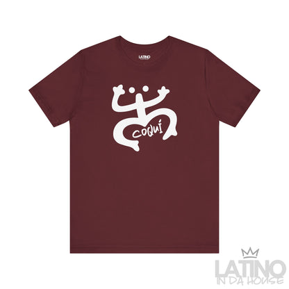 Maroon Coquí Taíno symbol T-shirt with large white tribal-style Coquí design by Latino In Da House.