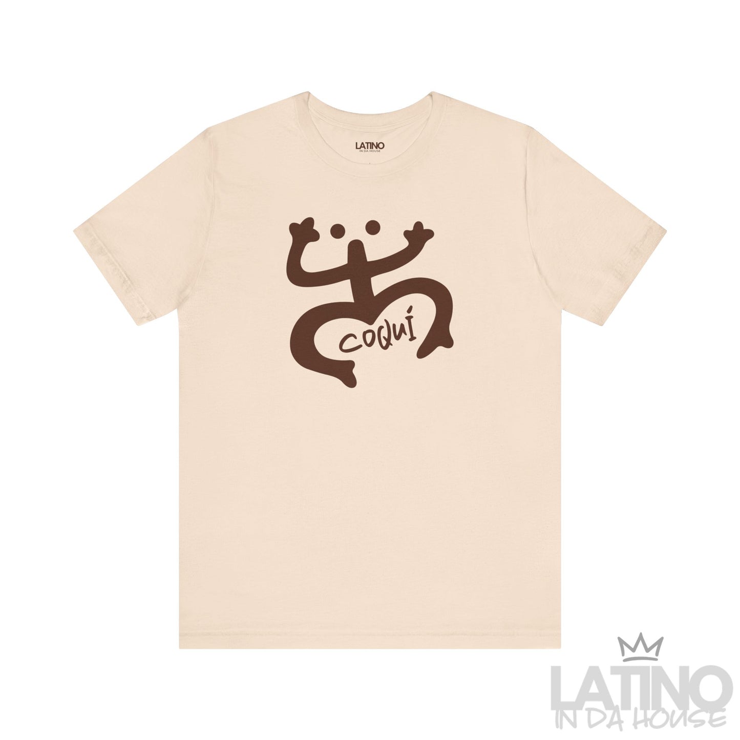 Soft cream Coquí Taíno T-shirt with brown tribal-inspired Coquí symbol and handwritten Coquí text.