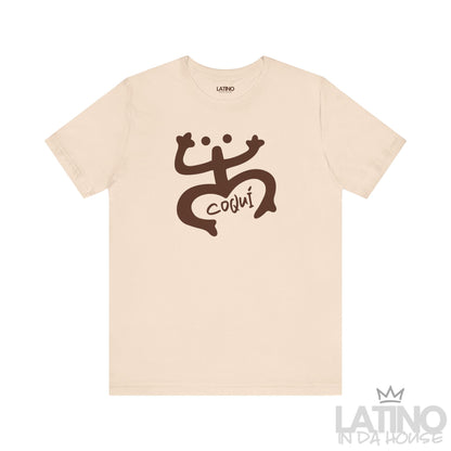 Soft cream Coquí Taíno T-shirt with brown tribal-inspired Coquí symbol and handwritten Coquí text.