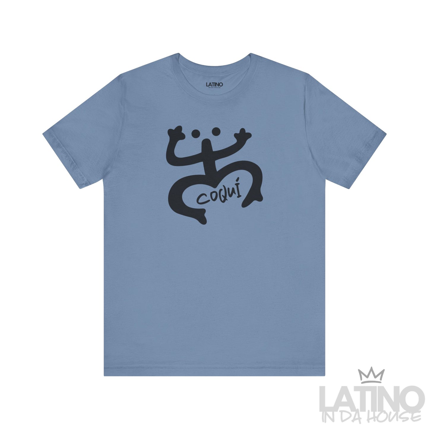 Steel blue Coquí Taíno T-shirt featuring bold black tribal-style Coquí design and handwritten Coquí text.