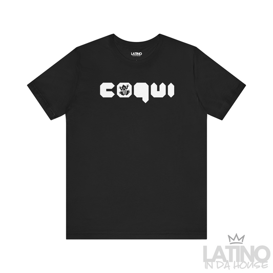 Black Coquí T-shirt featuring bold geometric lettering and Taíno-inspired frog icon by Latino In Da House.