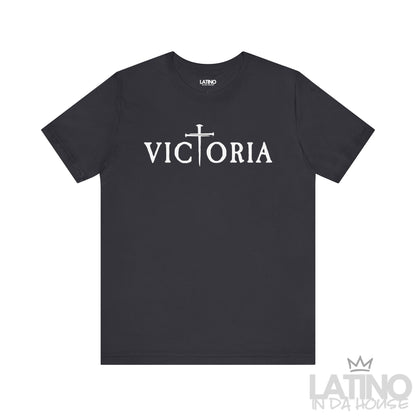Victoria T-Shirt in dark grey with white lettering and cross T detail. Latino In Da House 