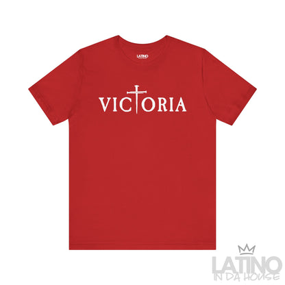 Victoria T-Shirt in red with white Victoria typography and cross T. Latino In Da House 