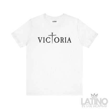 Victoria T-Shirt in white with black Victoria wordmark and cross T. Latino In Da House 